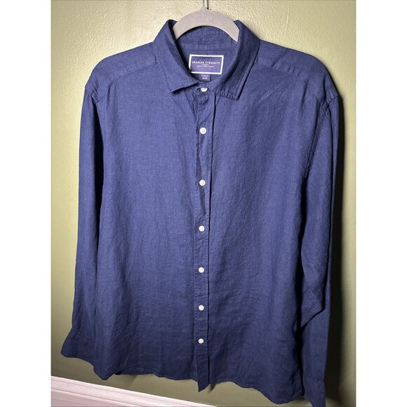 Charles Tyrwhitt Shirt Mens Medium Blue Dyed Linen Button Up - Picture 1 of 3